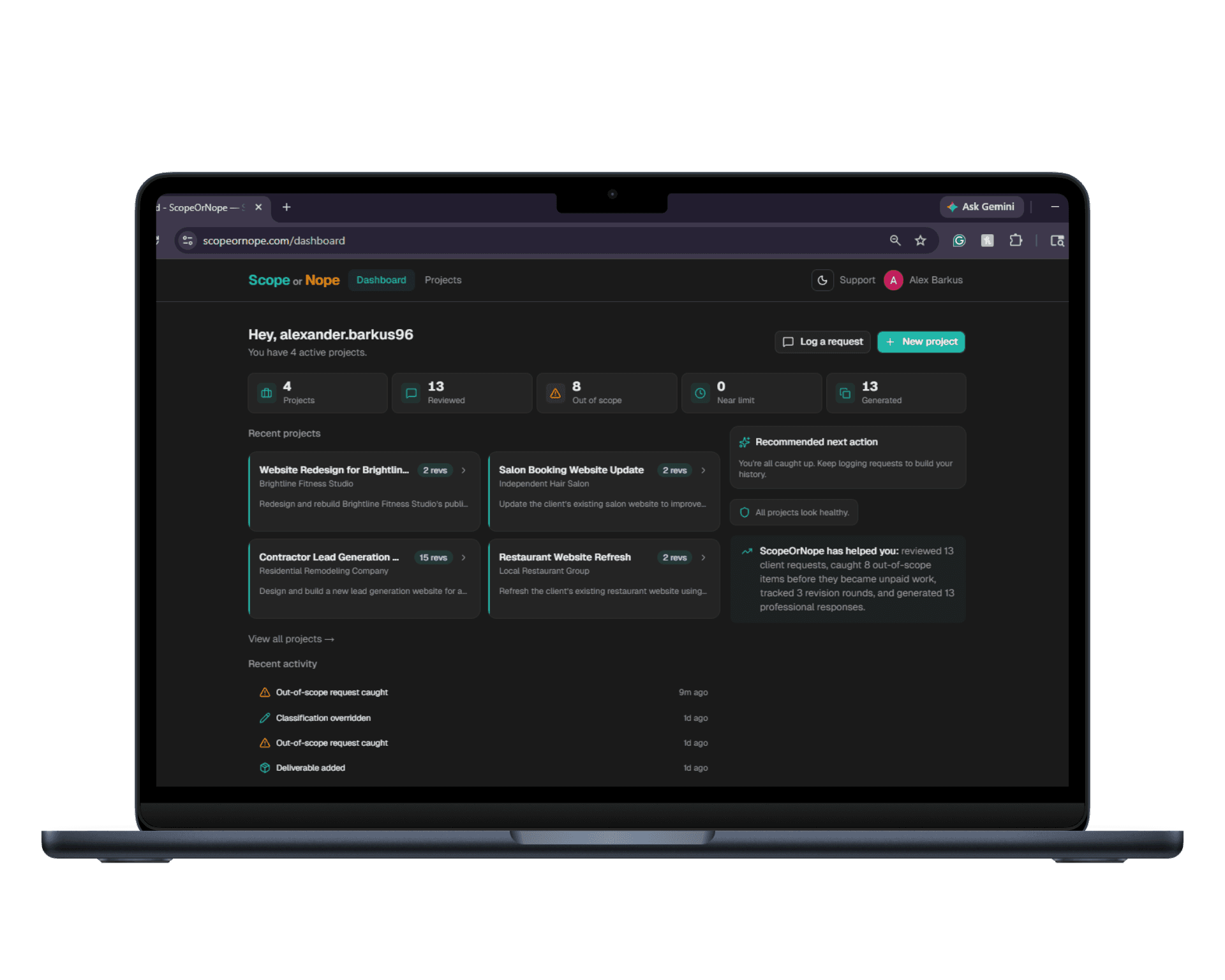 ScopeOrNope dashboard showing active projects, scope risk panel, and recommended next action